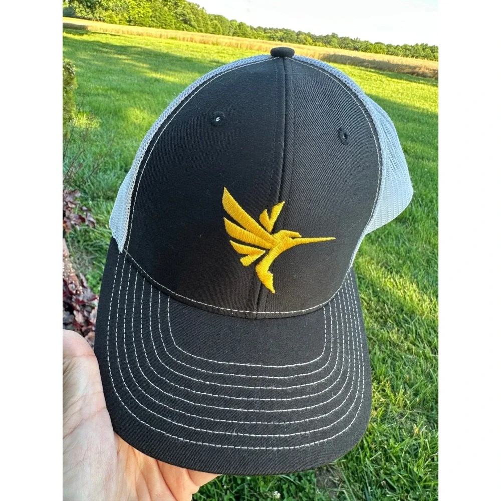 Richardson Trucker fishing Hat Snapback Black Yellow Hummingbird Logo Mesh Cap